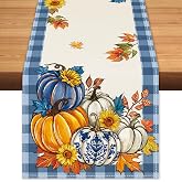 Cloudfomila Fall Pumpkin Sunflower Table Runner Blue Burlap 13x72 Inch | Autumn Blue Plaid Table Runners, Thanksgiving Holiday Decor, Coffee Table Center, Home Kitchen Dining, Party Indoor Outdoor