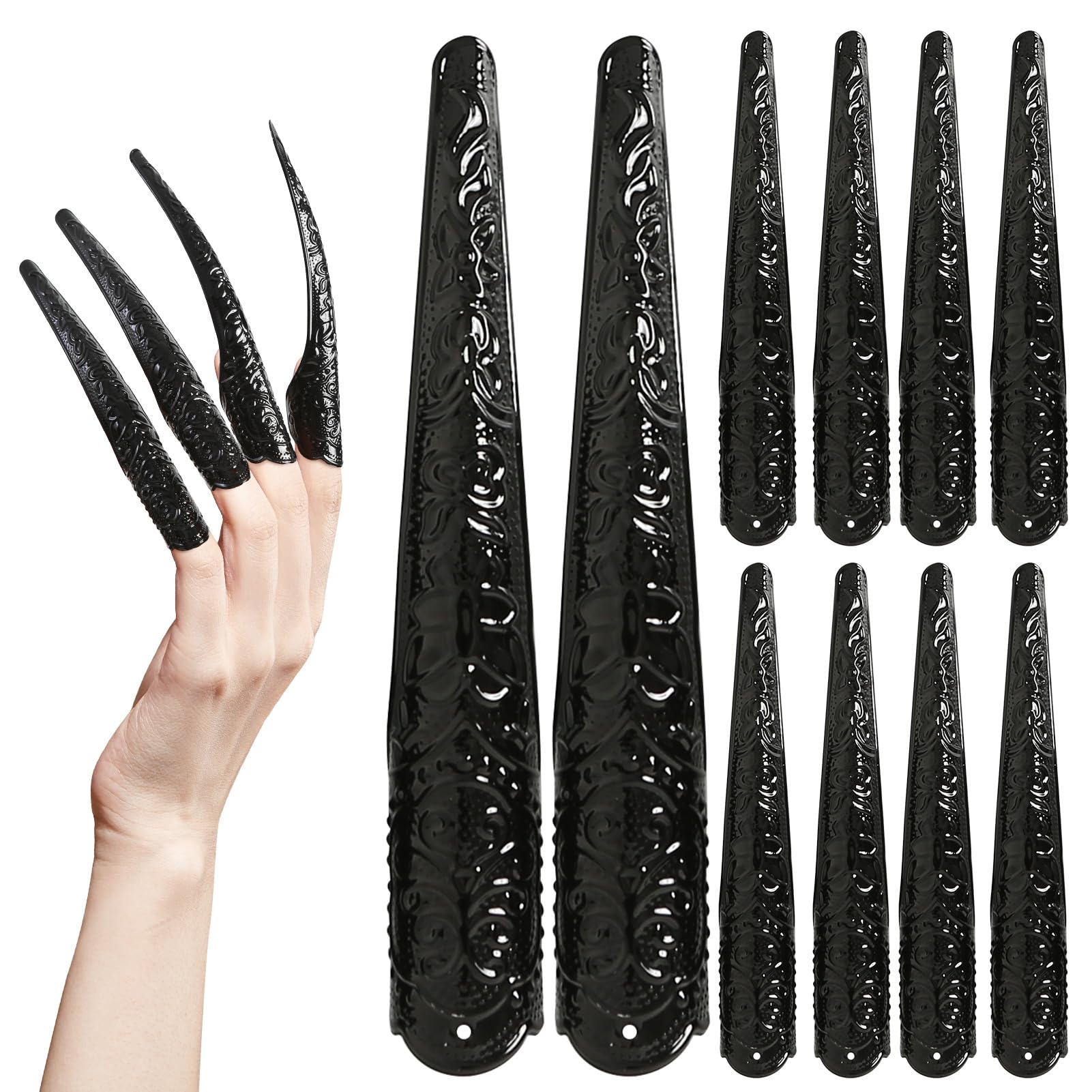Photo 1 of 10PCS Long Finger Claws Fake Nail Rings Adjustable Women Halloween Costume Accessories Vampire Cosplay Black