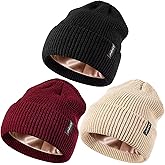 3 Pack Satin Lined Beanie for Women Men, Silk Lined Winter Hats for Cold Weather, Warm Cable Knit Skull Cap Cuffed Beanies
