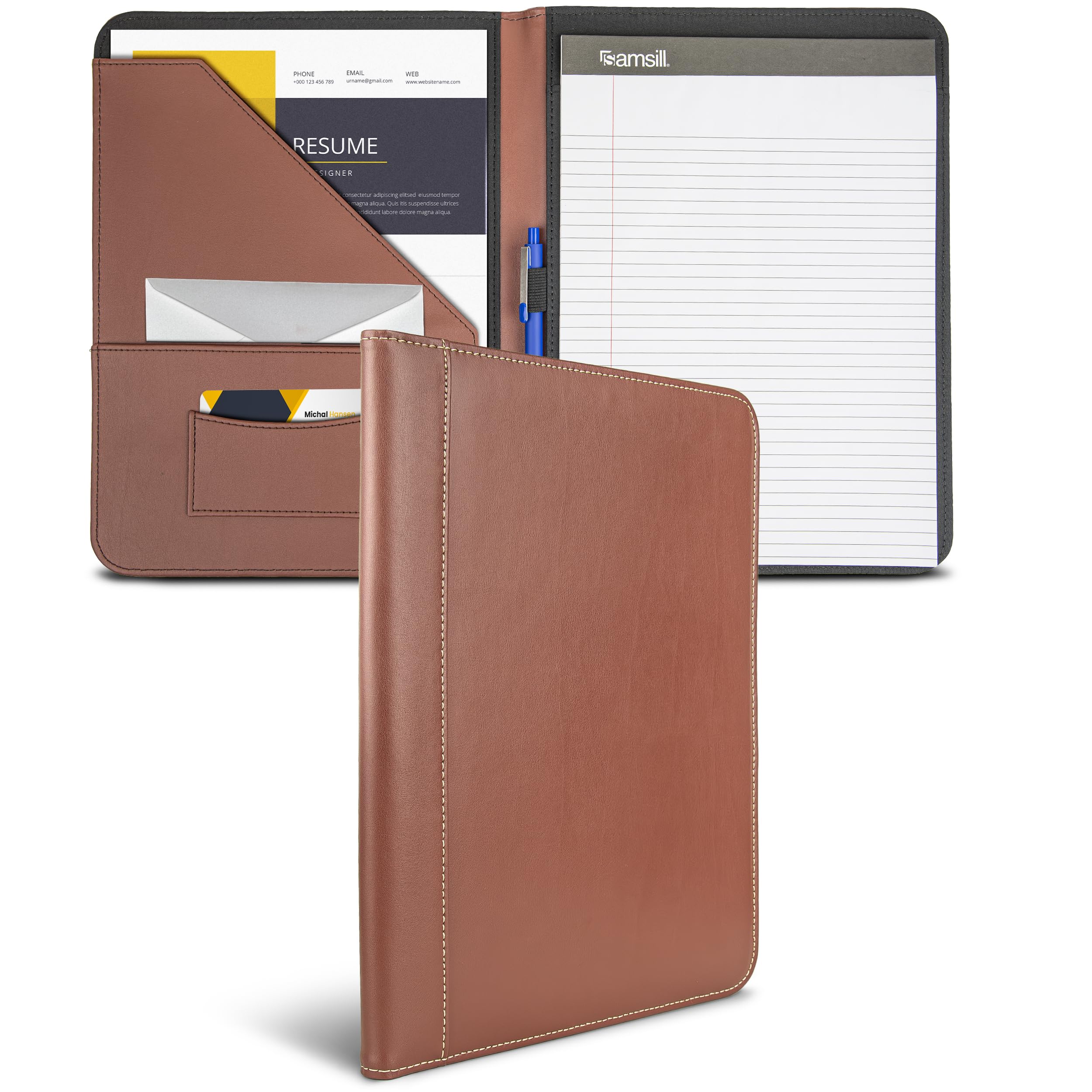 Samsill Contrast Stitch Leather Padfolio and Business Portfolio for Men and Women, Resume/Document Organizer with Writing Pad, Tan (71716)