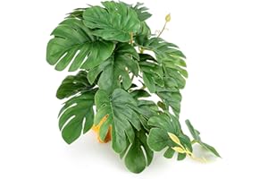 Filhome Reptile Plants for Terrarium, Ball Python Tank Accessories, Amphibian Habitat Decor Plant Bearded Dragon Tank Decorations for Gecko Lizard Chameleon Tortoise with Base - Fake Monstera