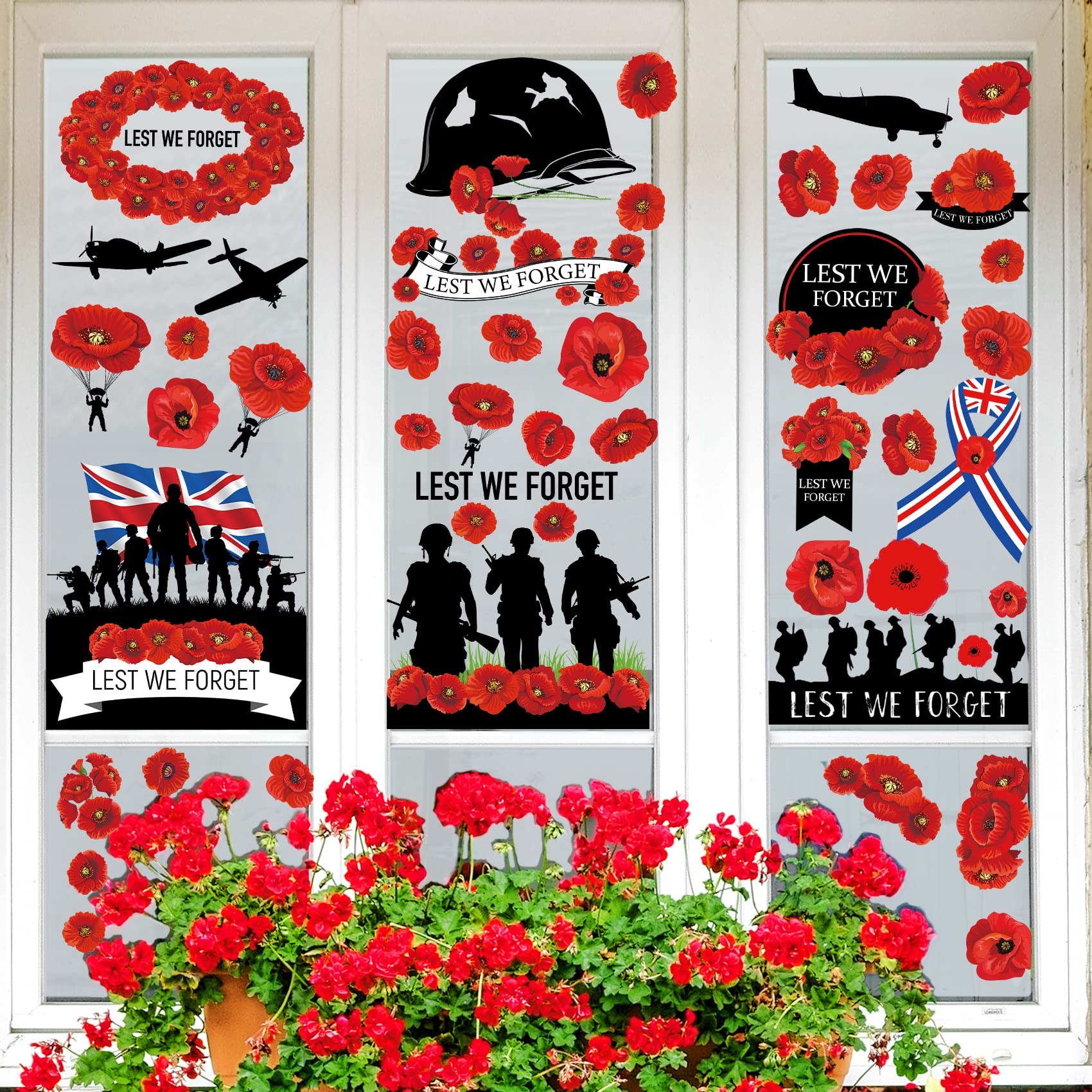 Remembrance Day Window Stickers Decorations 8 Sheets Poppy Window Stickers Double-Sided Lest We Forget Window Sticker for Glass Soldiers Remembrance Day Window Sticker Waterproof — image 1