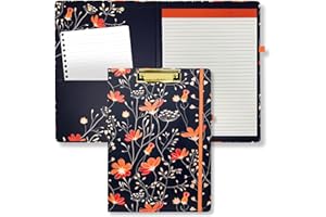 STEEL MILL AND CO. Steel Mill & Co Cute Clipboard Folio with Refillable Lined Notepad and Interior Storage Pocket, Navy Blue Padfolio for Work, Floral Vines