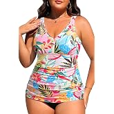 Yonique Plus Size Tankini Two Piece Bathing Suits with Shorts Swimwear | Tummy Control, V neck, Smooth midriff, flexible stretch blend for free movement
