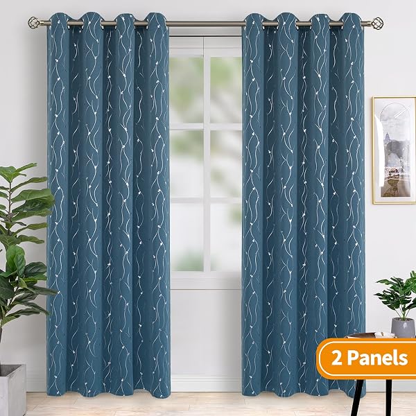 BGMENT ROOM DARKENING CURTAINS 95 INCHES LONG, GROMMET THERMAL INSULATED BLACKOUT CURTAINS WITH WAVE LINE AND DOTS PRINTED FOR BEDROOM, 2 PANELS, EACH 52 X 95 INCH, STEEL BLUE