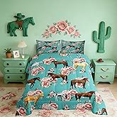 Kids Horse Bedding Set Chic Retro Floral Bedding Comforter Set For Girls Teens Galloping Horse Printed Comforter 3D Wild Farm Animal Duvet Set Bedroom Decor Quilt Set 2Pcs Twin Size, Green Pink