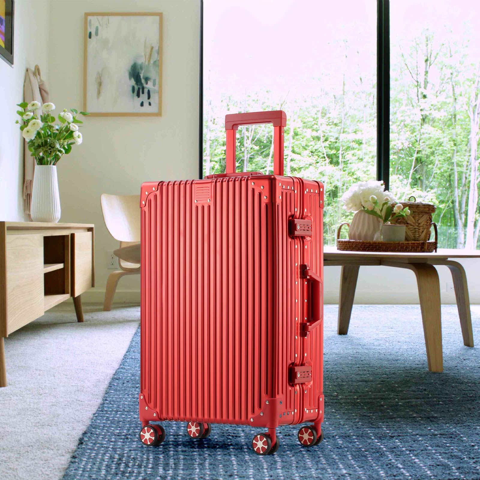 All Aluminum Carry On Luggage with Cup Holder TSA Lock, 22x14x9 Airline Approved Carry-On Hardside Suitcase with Spinner Wheels(20-lnch) (RED)