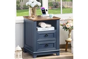 Joaxswe 18" Farmhouse Night Stand with Charging Station, 2 Drawers End Table Dresser for Bedroom, Blue Wooden Nightstand, Bed Side Table with Open Shelf, Bedside Cabinet for Living Room, Closet