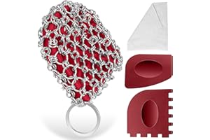 Herda Cast Iron Scrubber Scraper Tool Kit, 4Pieces Cast Iron Skillet Cleaner Cleaning Care Kit 316 Chain Mail Scrubber, Steel Skillet Brush Plastic Pan Scraper Set for Grill Griddle Pot Dish Food