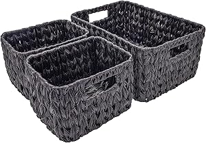 StorageWorks Hand-Woven ACM Storage Basket, Wicker Shelf Storage Tote Basket, Black, Set of 3 (1PC Large, 2PCS Medium)