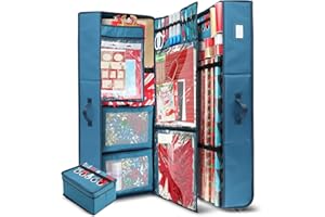 Hearth & Harbor Wrapping Paper Storage Container with Ribbon Dispenser and Interior Pockets - Large Christmas Storage Containers with Wheels, Fits 30 Rolls of 40" Length, Blue