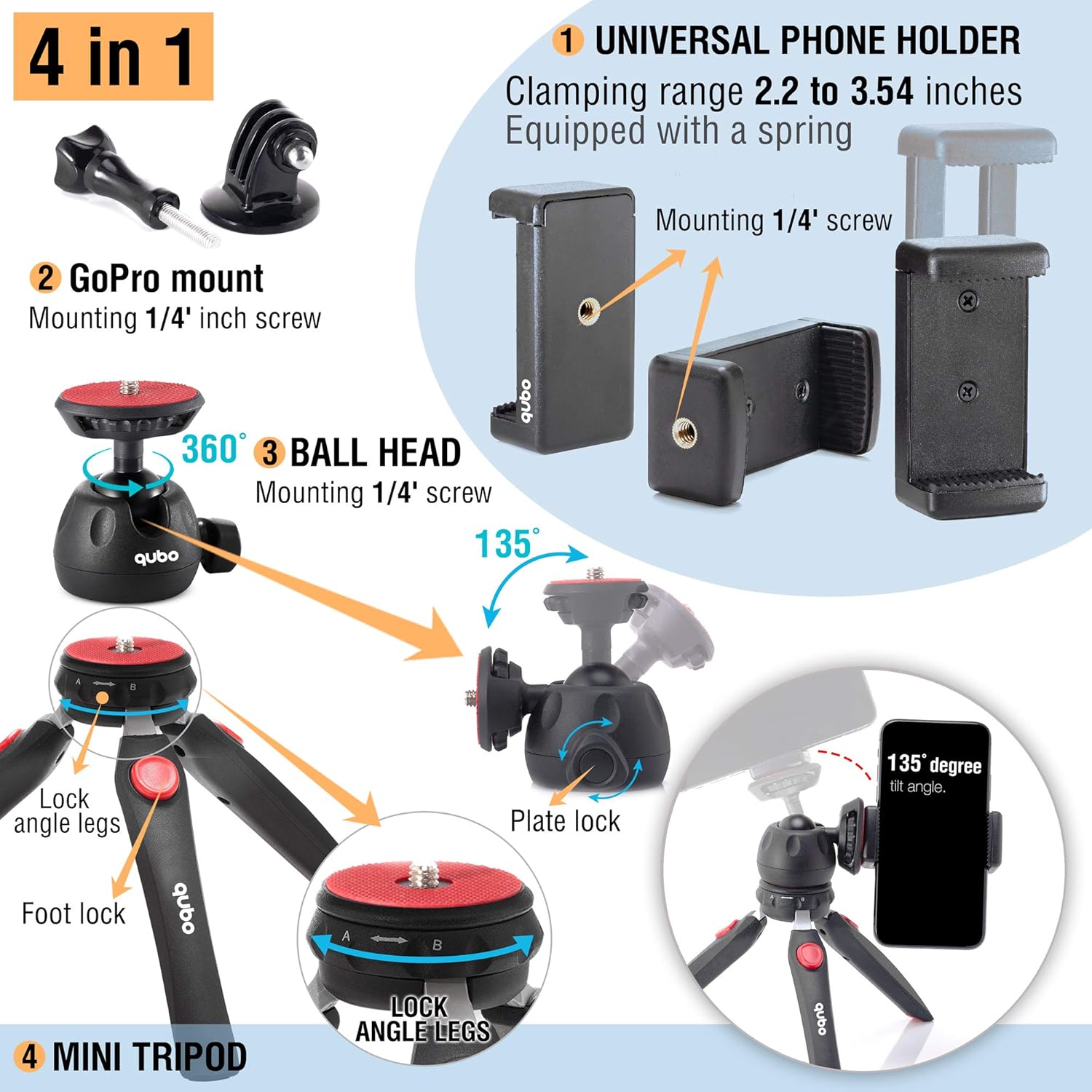 qubo Mini Tripod Camera Holder - Premium Tabletop Small Phone Tripod Mount for GoPro iPhone / Cell Phones Webcam Projector Compact DSLR - Hand Desktop Camera Tripod Stand Table : Camera & Photo