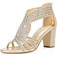 Gufobela Women's Rhinestone Sparkly Chunky Block Heel Sandals Open Toe Dressy Shoes with Zipper Closure for Wedding Prom Homecoming Hoco Formal Events