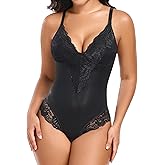 TROPICA LOVE Shimmer Lace Bodysuit for Women Thong Tummy Control V-Neck Sexy Shapewear Top