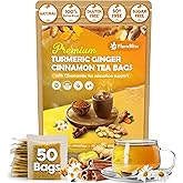 FloraBliss 50 Bags Premium Turmeric, Ginger, and Cinnamon Tea with Chamomile, Extra Strength 2.2g/Bag, 100% Natural, Caffeine-Free, Vegan, Eco-Friendly, Supports Digestion, Relaxation