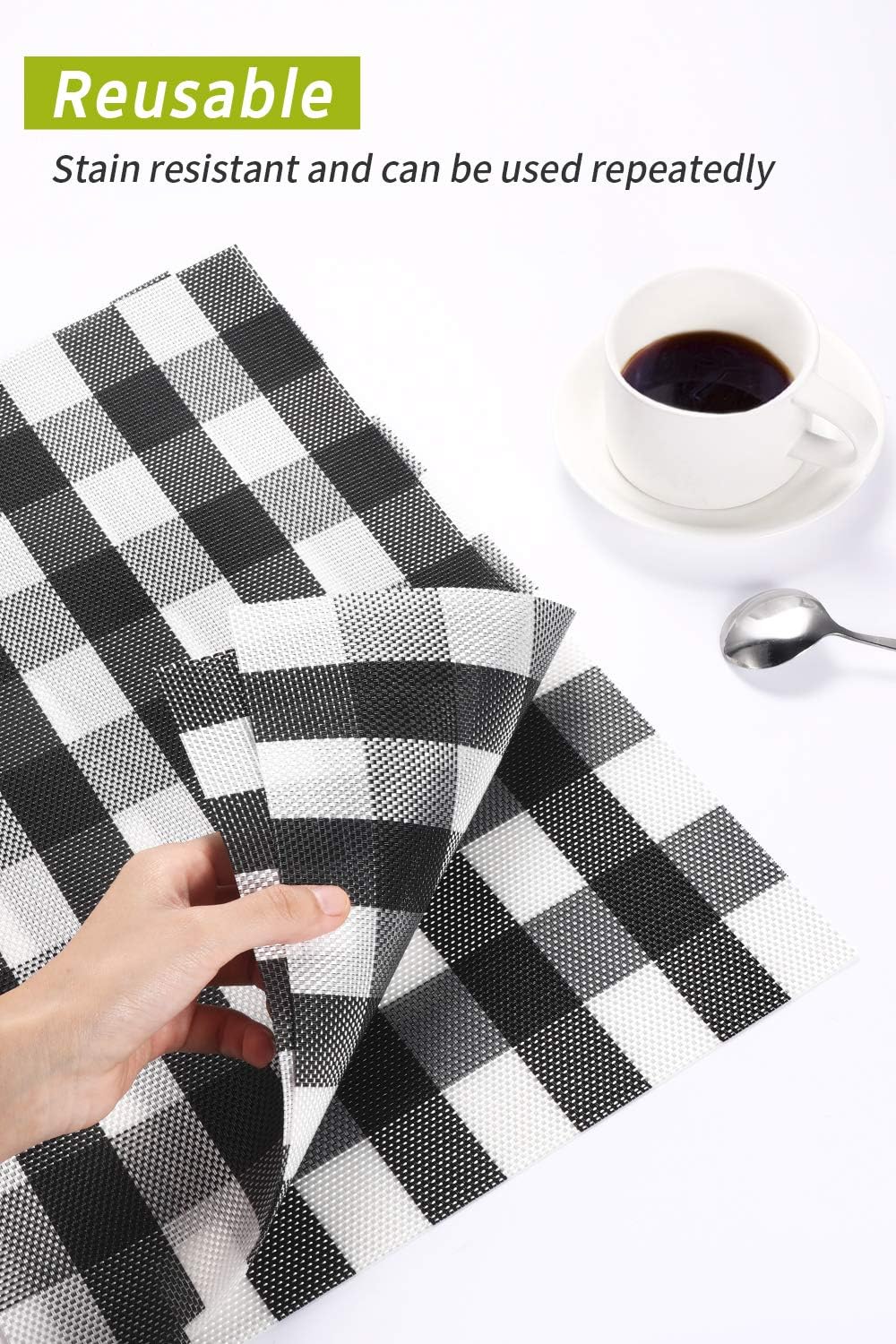 Syntus Placemats, Black and White PVC Woven Vinyl Buffalo Check Table Mats Washable Non-Slip Heat Resistant for Kitchen Dinning Table Thanksgiving & Christmas, Set of 4: Home & Kitchen