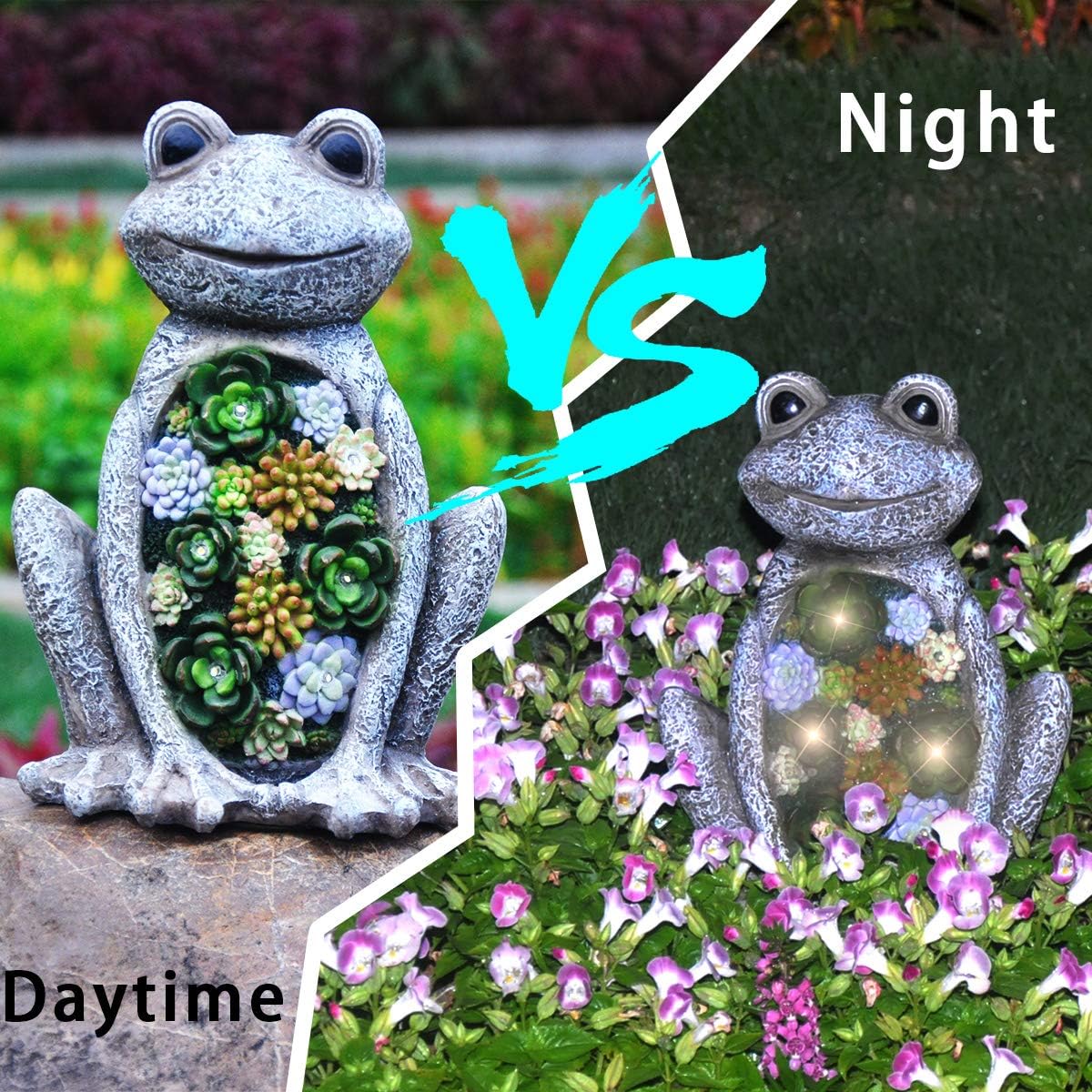 Garden Statue Frog Figurine - Waterproof Resin Succulent Plants with Solar Powered LED Lights for Halloween, Patio Yard Decorations, Home Decorations,9.5 x 7.2 Inch: Home Improvement