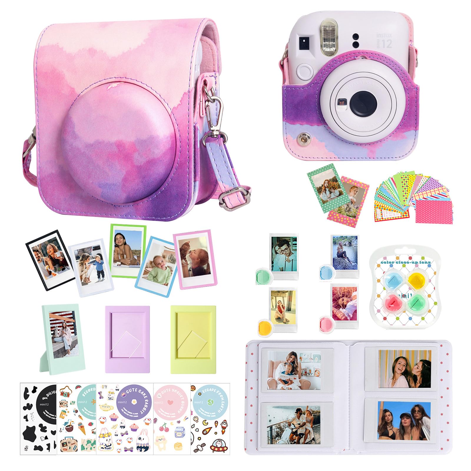 Photo 1 of ***Missing Parts*** CAIYOULE Accessories for Fujifilm Instax Mini 12 Instant Camera, Accessory Bundle Include PU Leather 12 Case, Mini Picture Album, Frames, DIY Stickers, Color Filter (No Camera) - Dreamy Clouds