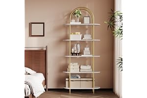 Industrial Arched Bookshelf, 5 Tier Freestanding Bookcase with Metal Frame, Adjustable Feet and Anti Tip Kit, Open Storage Ra