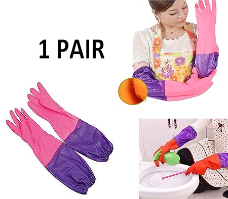 Lukzer 1 Pair Household Waterproof Washing Up Long Sleeve Kitchen Dishes Cleaning Glove Pink,Purple/Wear Resistant Gloves/Household Rubber Latex Washing Up Long Sleeve Kitchen Dishes Cleaning Gloves