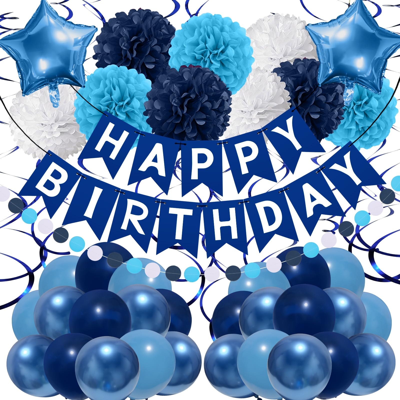 Navy Blue Birthday Decorations, Happy Birthday Banner with Paper Pompoms, Hanging Swirls, Garland, Party Balloons Happy Birthday Party Decorations for Women Men Boys Girls