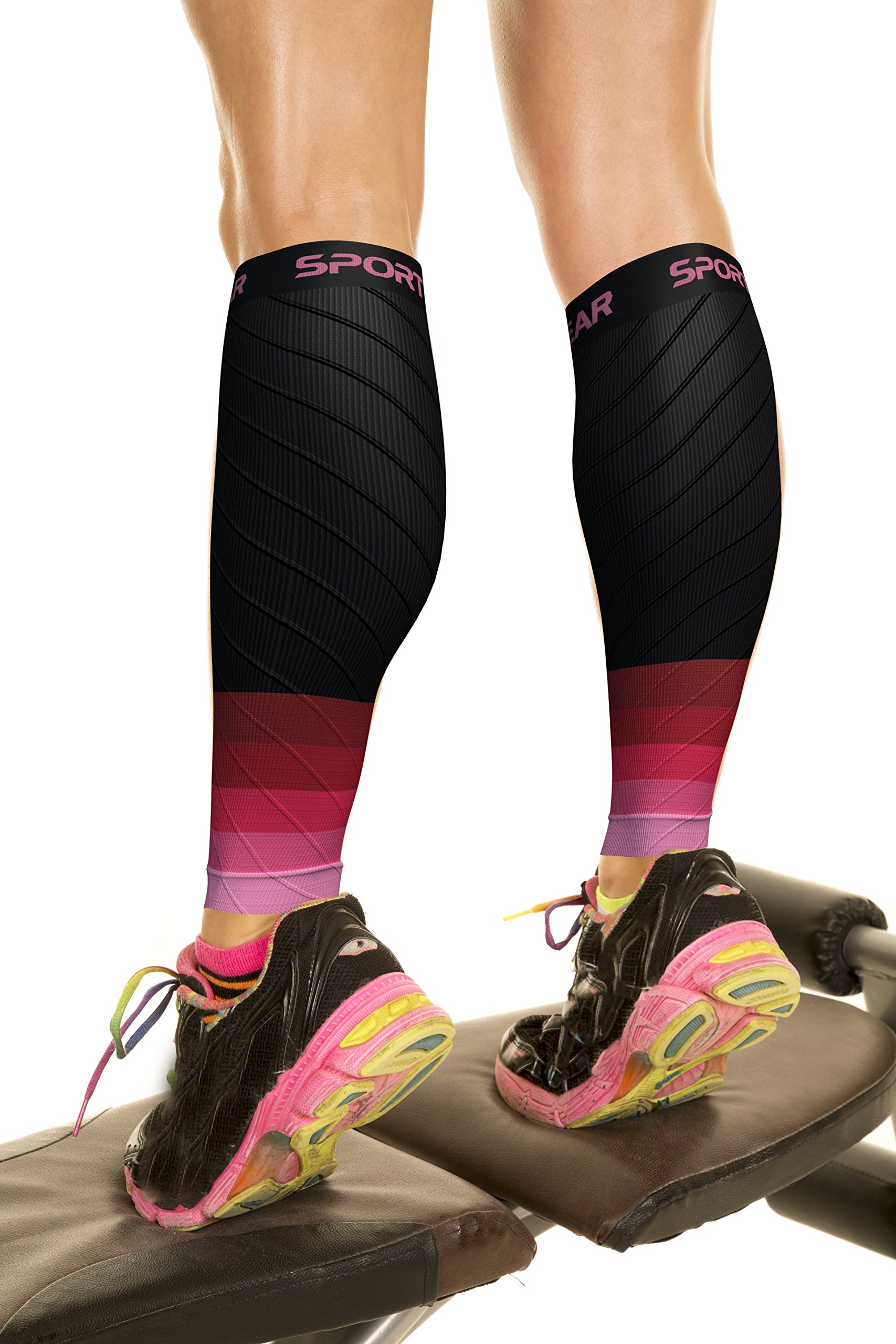 Physix Gear Sport Calf Protection for Heavy Legs - Calf Compression for Men and Women - For Faster Calf Recovery, Black/Pink (1 Pair), L/XL | 14" - 19" Calf