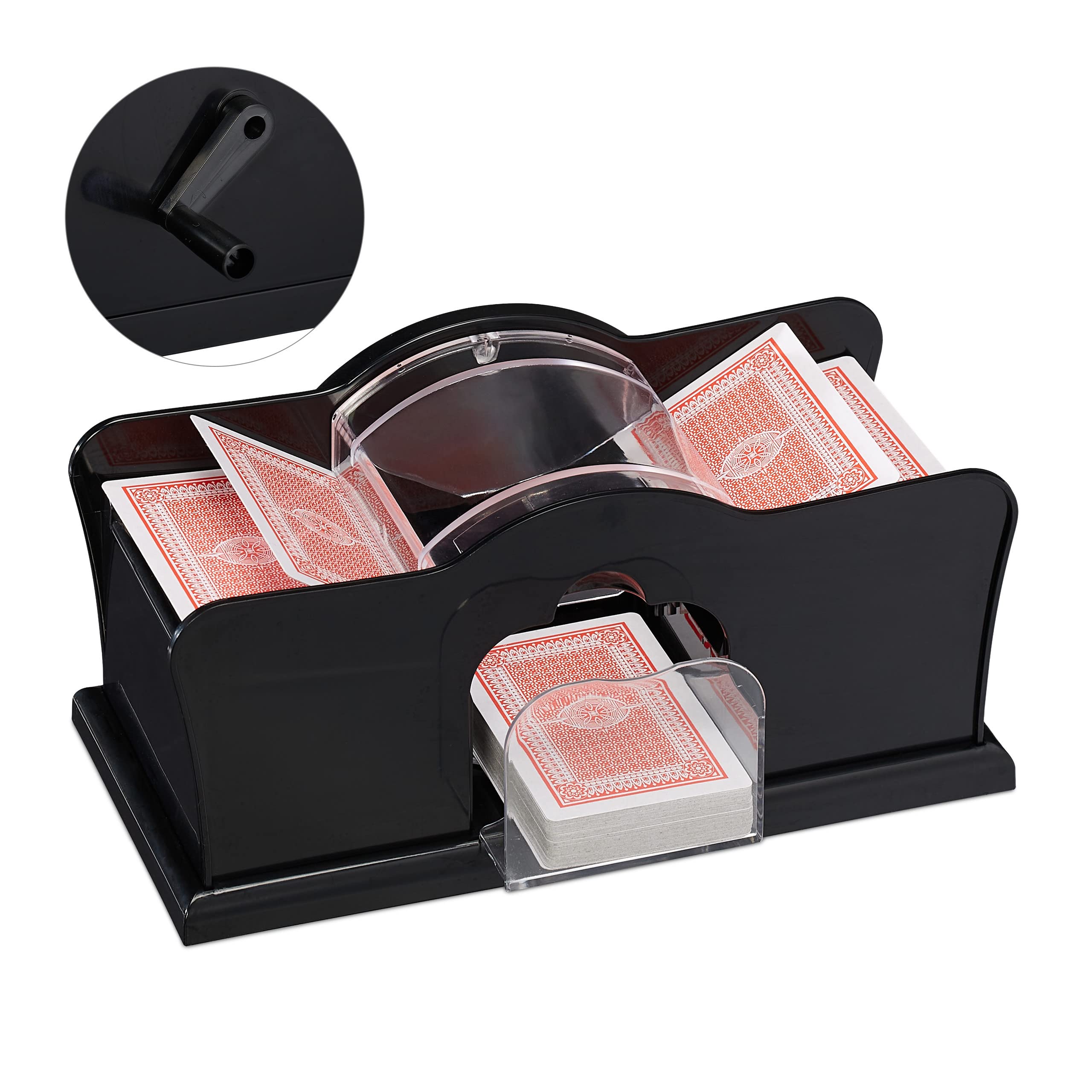 Relaxdays Card shuffling machine, 2 decks, with crank, manual shuffling device for playing cards with the size 9 x 6.5 cm, plastic, black
