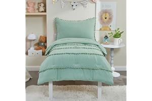 DECMAY Sage Green Toddler Comforter Set for Girls Baby Green Crib Bedding Set with 6 Pom Pom Fringes 4 Pieces Pink Comforter with Fitted Sheet, Flat Sheet, Pillowcase
