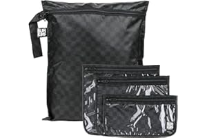 Bumkins - Waterproof Wet Bag & Clear Travel Bags - For Beach, Baby, Travel, Swim Suit, Cloth Diapers, Pump Parts, Pool, Gym, Toiletries - Reusable & Easy to Clean - Black Check - 4 Pack