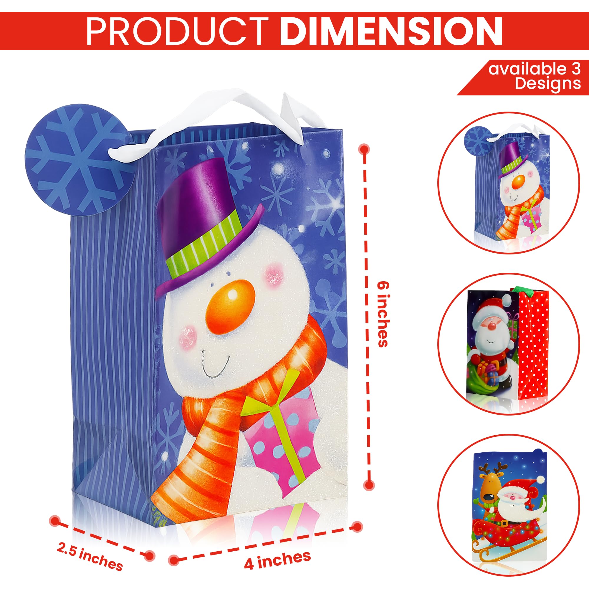 Iconikal 20-Pack Christmas Gift Bags, Small 4x6x2.5-Inch, Snowman Santa Reindeer, Ribbon Handles