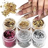 Fcozpjk Gold Foil Flakes for Nail Art, 6 Bottles Irregular Silver Hot Pink Gold Leaf for Nails, Golden Glitter Nail Decoration, Metallic Nail Art Glitter Flakes, Shiny Manicure Sequins