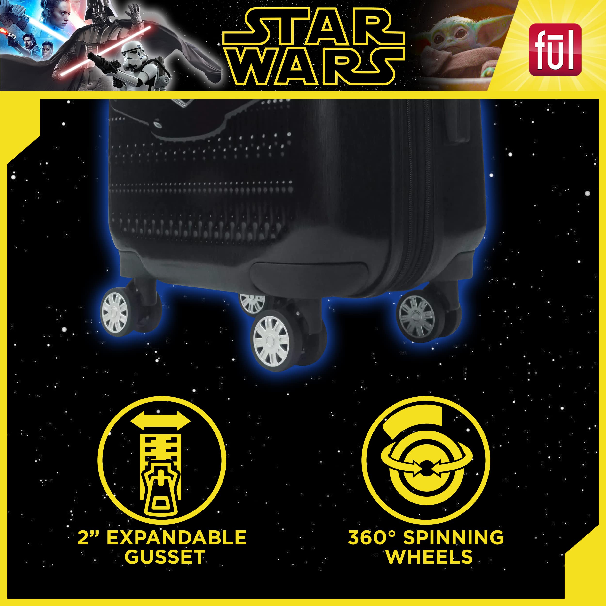 FUL Star Wars Darth Vader Rolling Luggage, Embossed Hardshell Carry On Suitcase with Wheels, Black, 22 Inch
