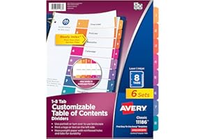 Avery 8 Tab Dividers for 3 Ring Binders, Customizable Table of Contents, Multicolor Tabs, 6 Sets (11186)