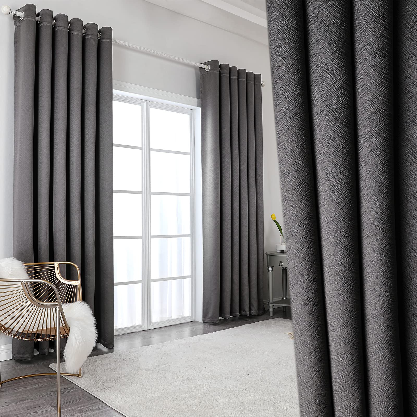 Krismile 100% Blackout Eyelet Curtains Grey - Thermal Insulated & Noise Reducing, Thick Short Panels for Bedroom, Room Darkening, 46 x54 inch 2 Panels
