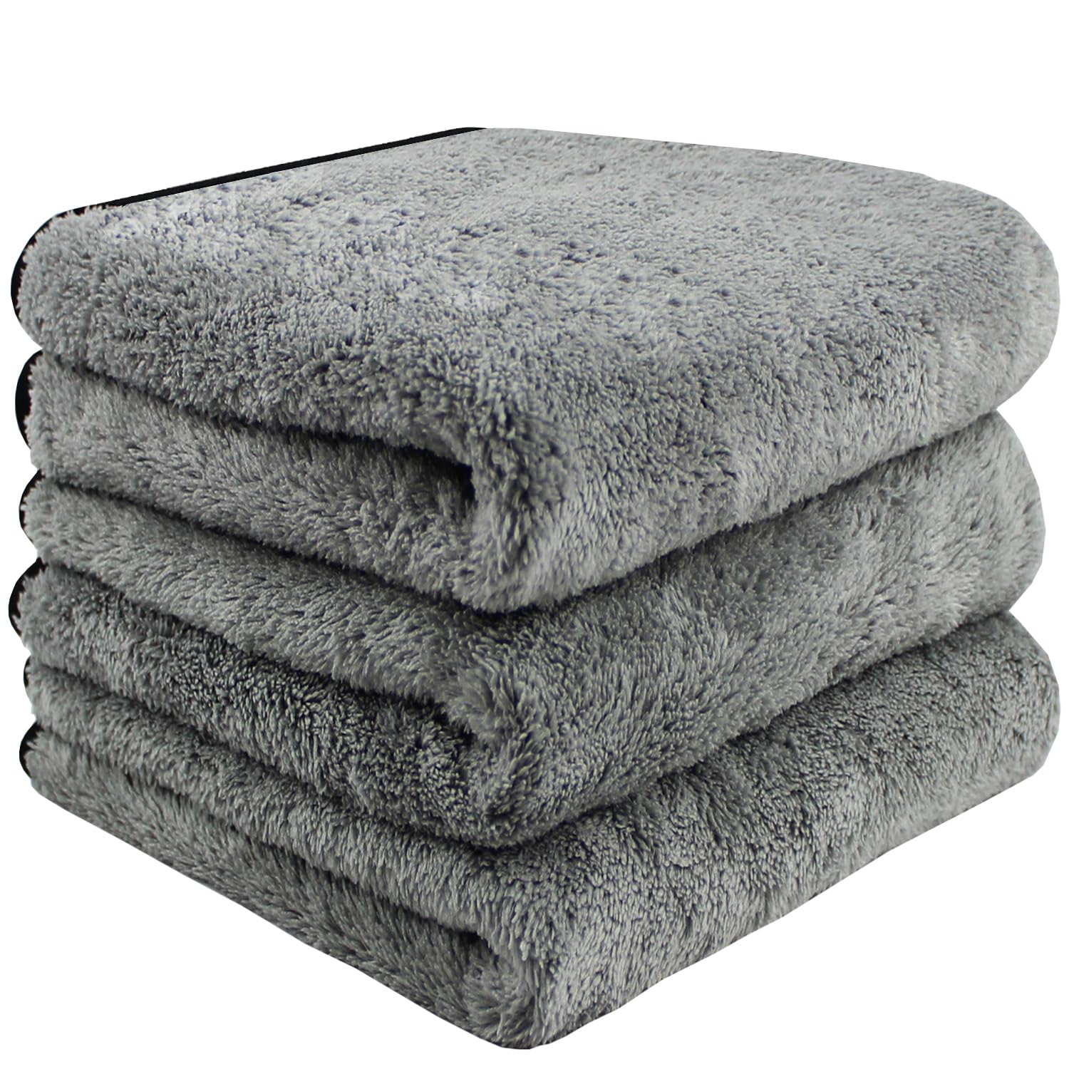 HIDMD Microfibre Car Drying Towels Large Cleaning Cloths 40CM x 60CM Auto Detailing Super Absorbent Plush Thick 380GSM 3 Pack Grey