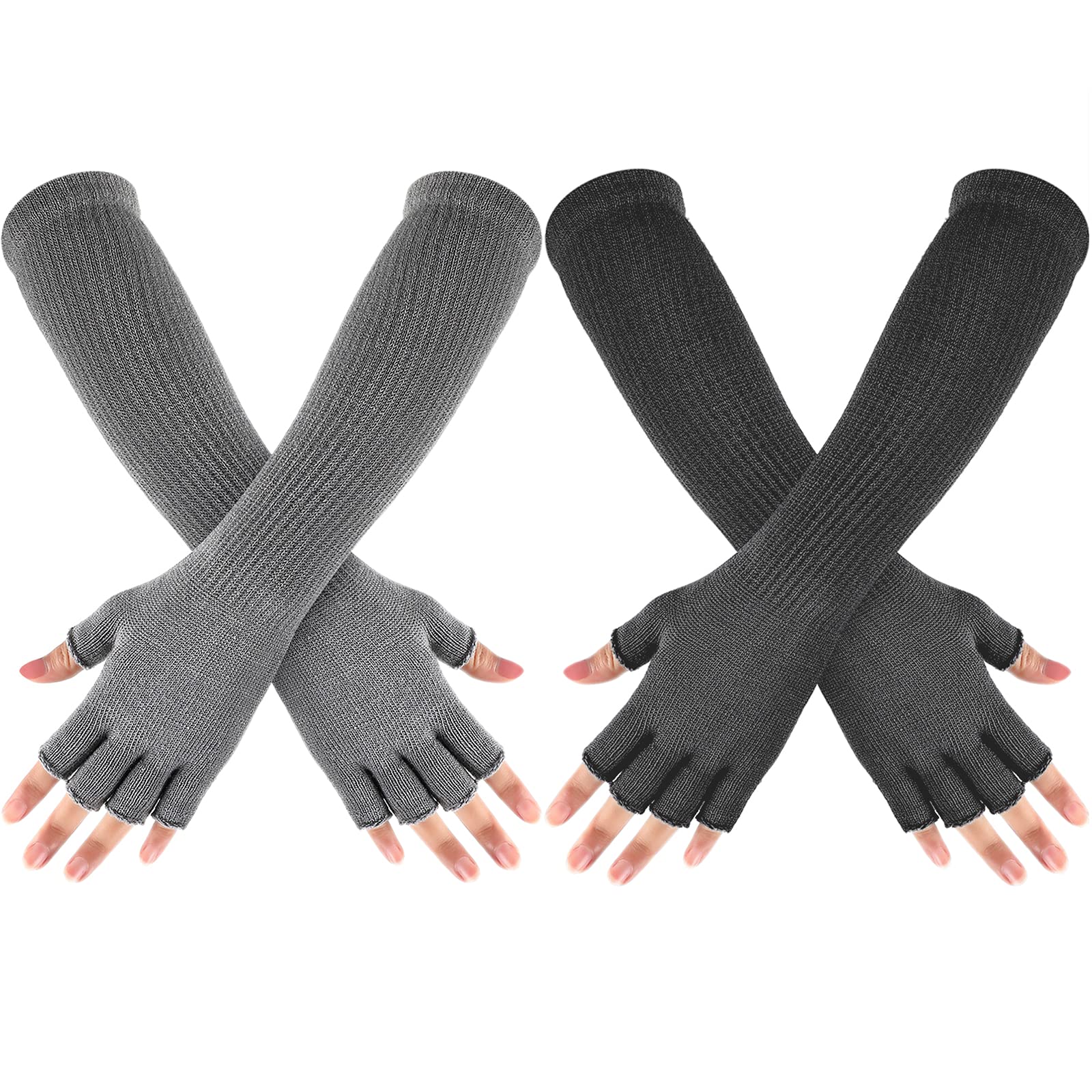 Photo 1 of 2 Pairs Winter Fingerless Gloves Long Thermal Knitted Mittens Stretchy Arm Warmers Half Finger Gloves for Men Women, 11 Inch (Light Gray, Dark Gray)