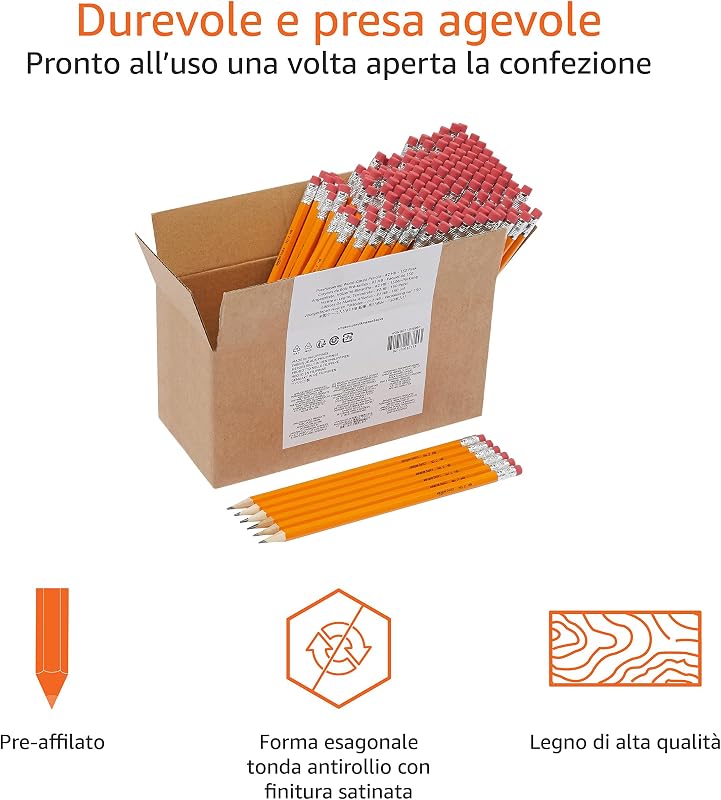 - Matite HB2 in Grafite con Corpo in Legno, Già Temperate, con Gomma Senza Sbavature, per Scuola, Confezione da 150