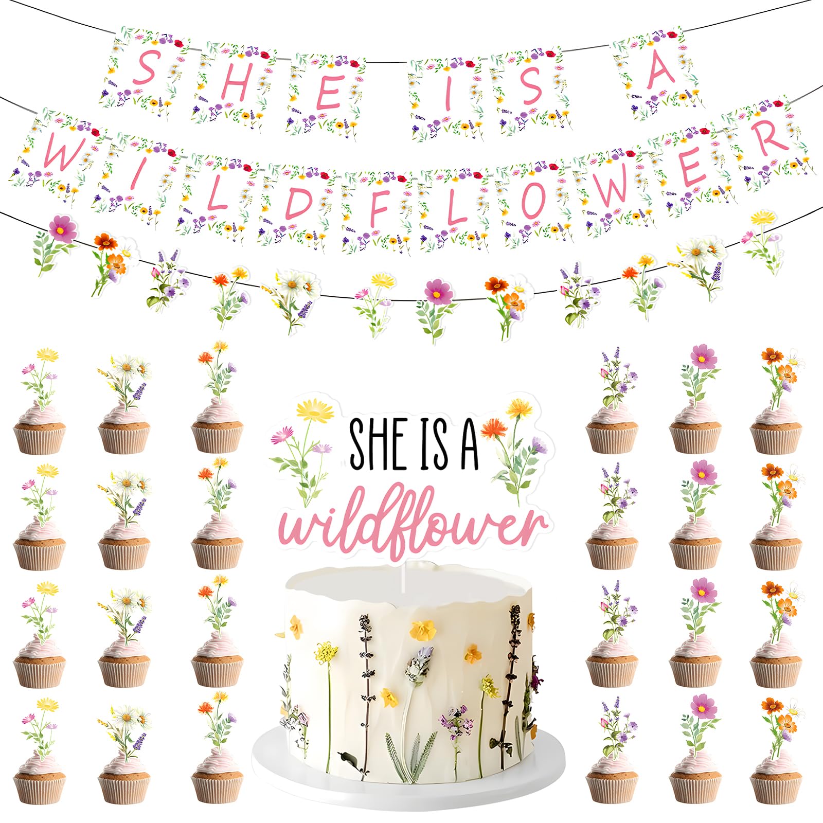 32-PCS Flower Birthday Decorations for Girls, Wildflower Happy Birthday Banner, Hanging Swirls & Cake Picks, Spring Summer Floral Decorations for Girls Party Decorations
