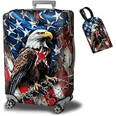 BWEGRHE Luggage Cover + Tag, Eagle American Flag Travel Suitcase Protector for 22-24 inch Luggage (M) with Concealed Zipper, Washable Elastic Cloth, Dustproof, Anti-Scratch