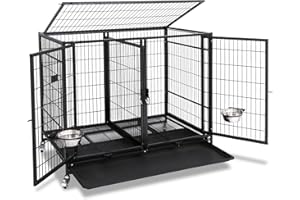 Homey Pet 43 inch Dog Crate Cage Kennel with Divider, Indestructible Dog Crate, Sturdy Design, Double Door and Removable Tray Design XL Dog Cage