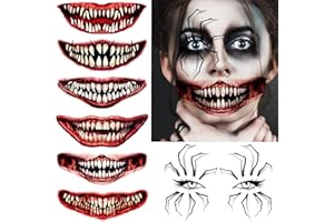 GOROMON 7 Sheets Halloween Spider Web Eye Temporary Tattoos For Women Men Adults, Realistic Zombie 3D Red Blood Mouth Joker Clown Temp Scary Face Fake Tattoo Stickers, Vampire Tattoos Halloween Makeup Kit