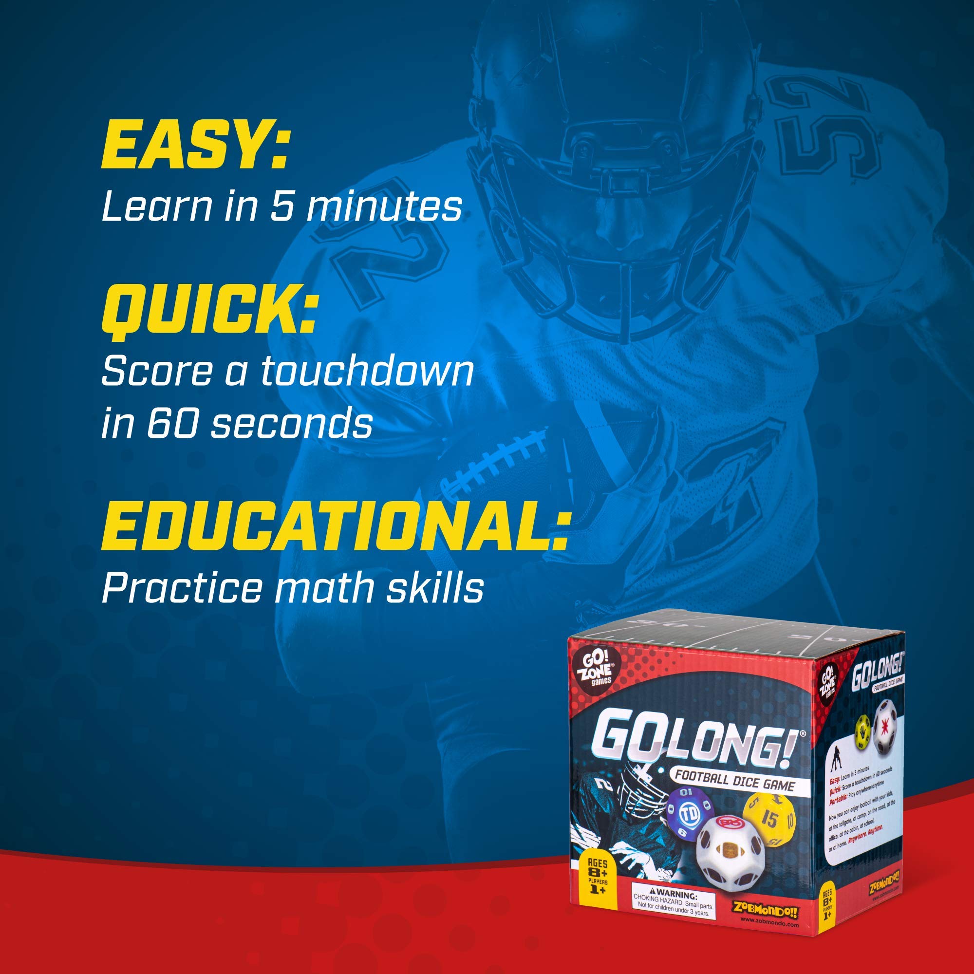 Zobmondo!! GoLong Football Dice Game | for Sports Fans, Families and Kids | Includes Travel Bag for Dads and Boys