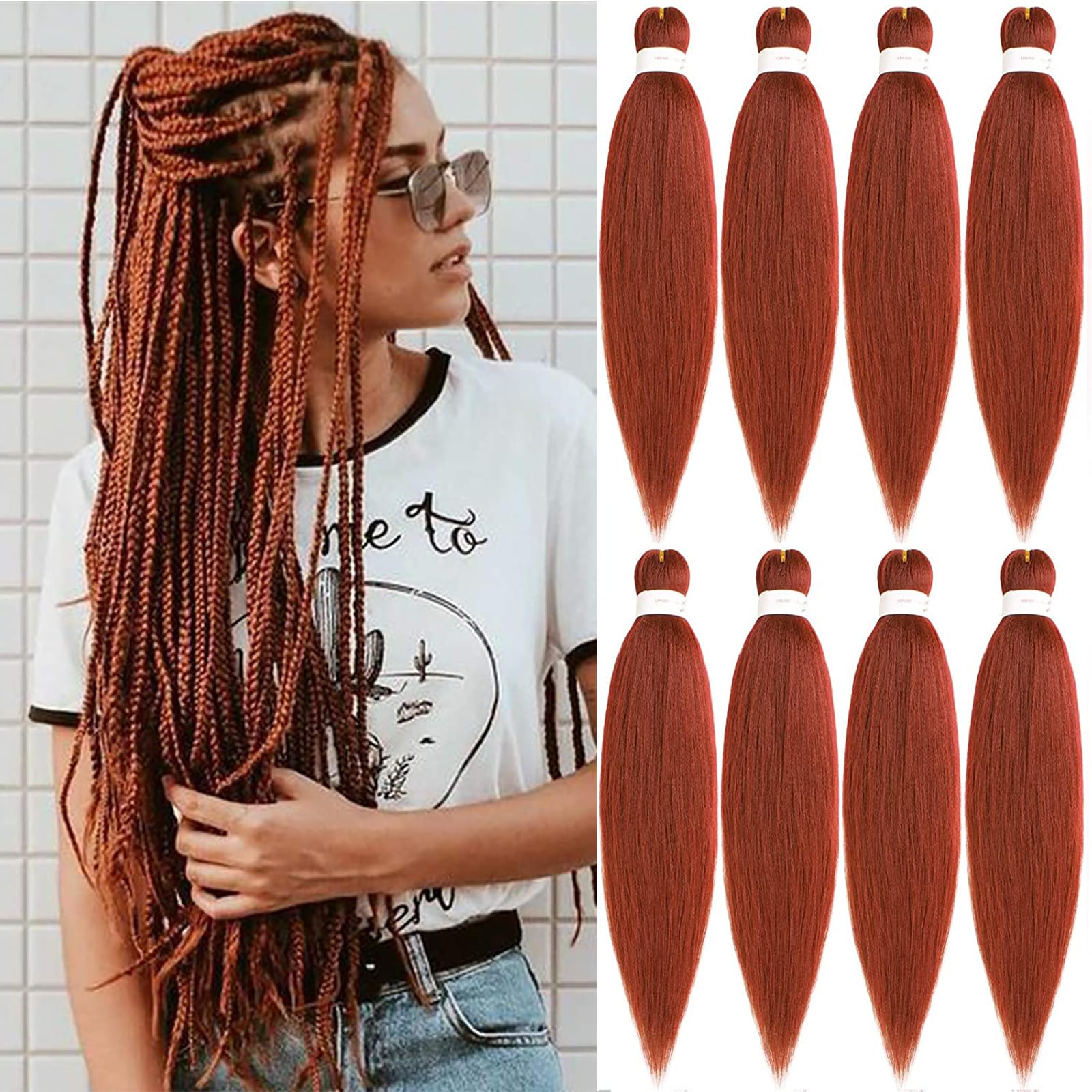 Xtrend 20 Inch EZ Braids 8Packs Copper Red Pre-Stretched Easy Braiding Hair Extensions for Box Braids Hair Hot Water Setting Synthetic Fiber Hair Extensions 350#