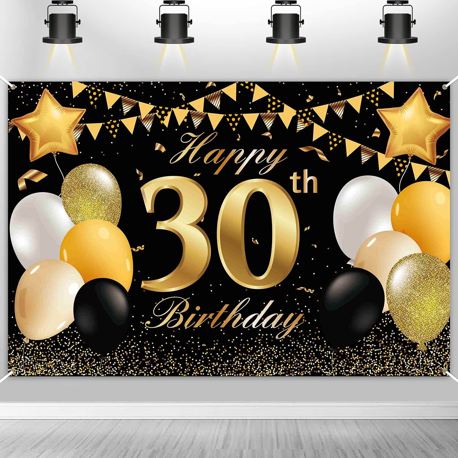 30th Birthday Decorations Backdrop, Personalised Happy Birthday Picture Photo Banners Black Gold, Photography Backdrops for Wall, Gifts for Birthday Party, Men, Women, Her, Him, Male, Female, Friends