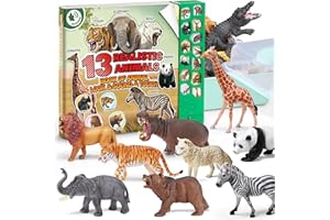 YEONHA TOYS 13 Realistic Animal Figures with Kids Sound Book & Storage Box, Educational Safari Animal Model Toy, Plastic Zoo Animal Figurines, Wild Themed Jungle Party Favor Birthday Gift for Toddler Boy Girl