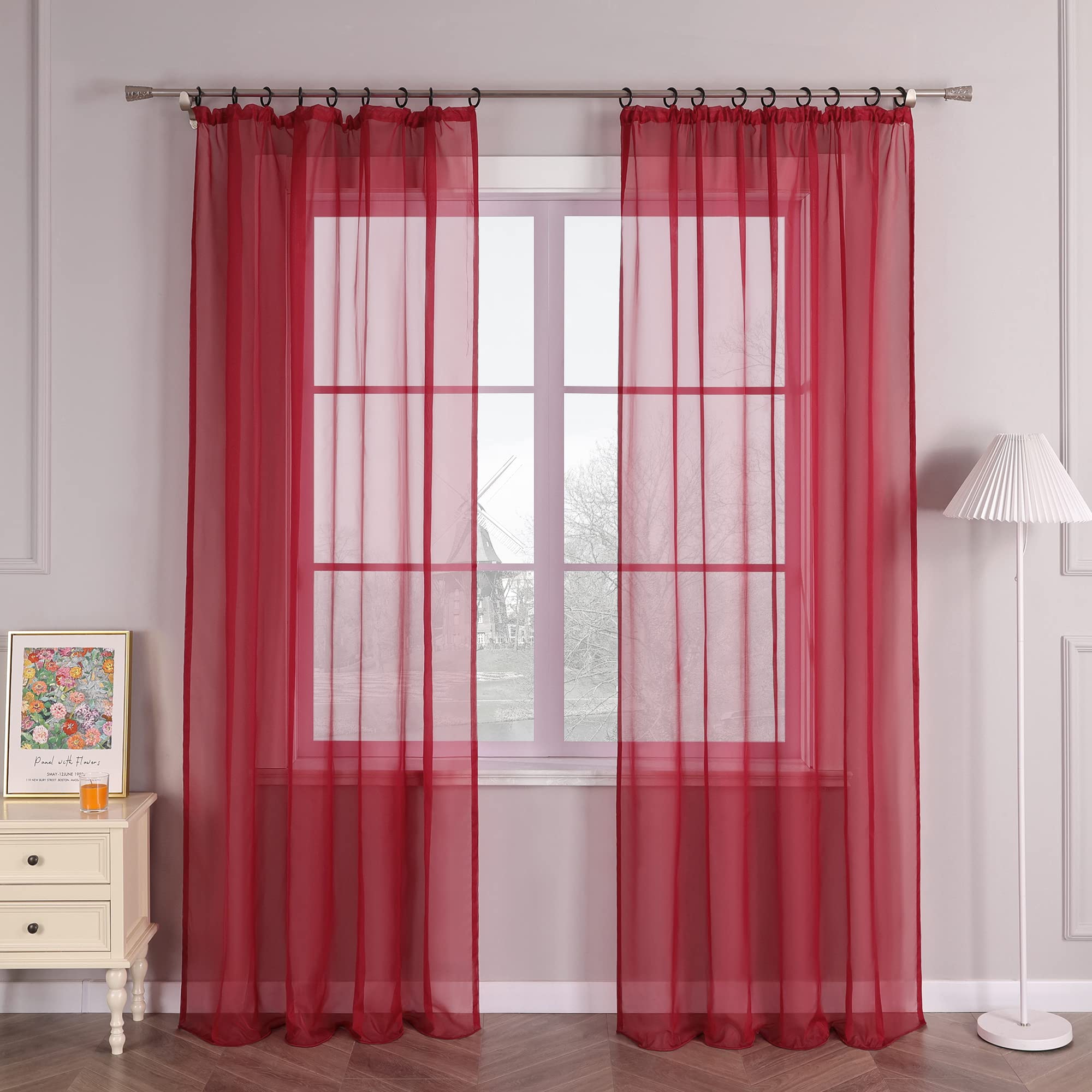 HongYa 1 Piece Plain Net Curtain with Ruffle Tape Easy Installation Transparent Decoration for Living Room Bedroom Window Simple and Natural Burgundy H 245/145 cm
