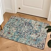 Lahome Bohemian Floral Medallion Area Rug - 2x3 Vintage Teal Distressed Small Entryway Rug Turkish Doormat Faux Wool Non-Slip Washable Low-Pile Carpet for Bathroom Kitchen Laundry Room Decor