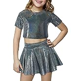 Happy Cherry 2Pcs Kids Girls Shiny Metallic Short Sleeve Crop Top with Pleated Skirt Set Dancewear Performance Costumes