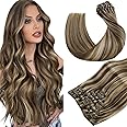Hetto Real Human Hair Clip in Extensions Brown Highlights Blonde Clip in Hair Extensions Real Human Hair Brown Mix Caramel Blonde Short 12 Inch 7pcs 90g