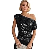 One Shoulder Sequin Evening Tops for Women Elegant Ruched Design Sparkly Glitter Party Shirts